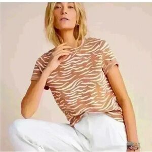 Anthropologie Beige Zebra Print Short Sleeve Sweater